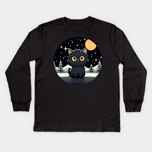 black cat in christmas winter night Kids Long Sleeve T-Shirt